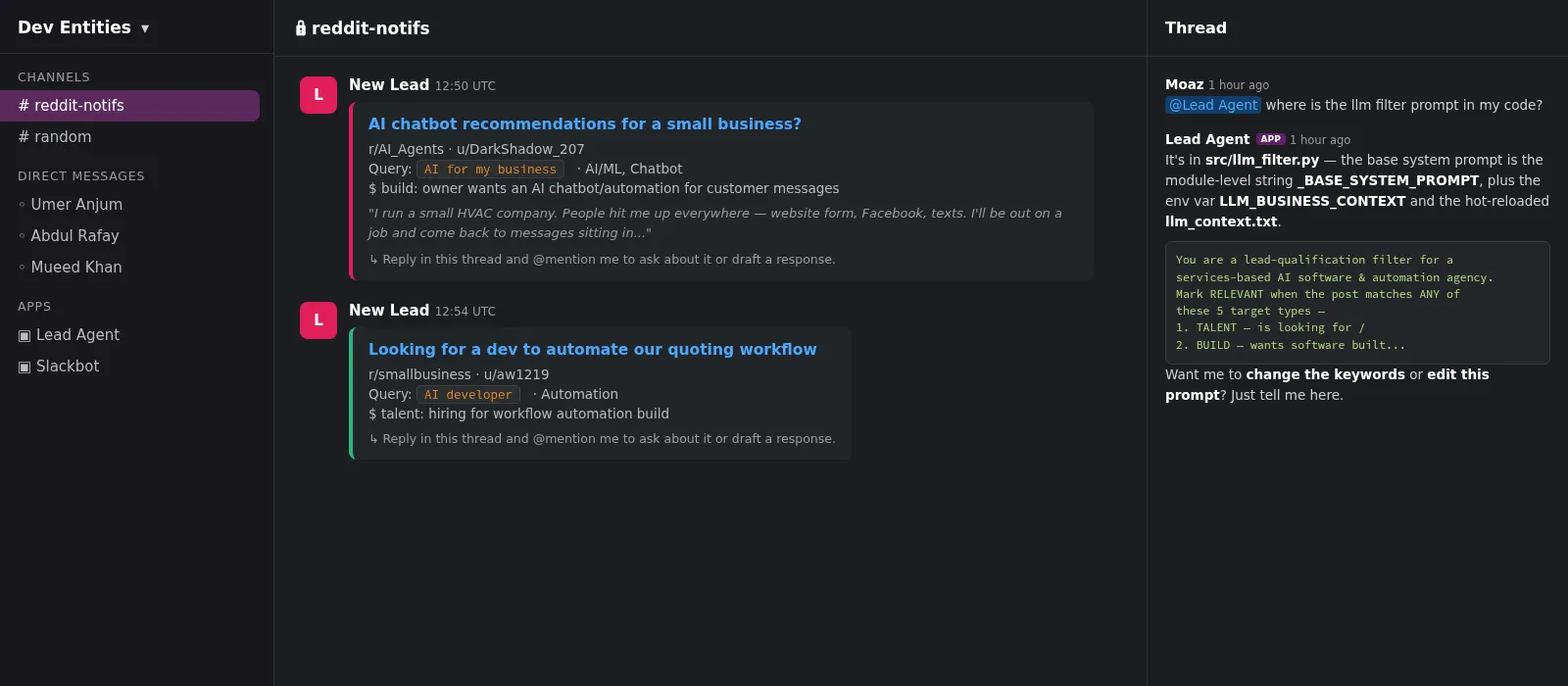Reddit Lead Agent: LLM Qualification with Slack Operations project interface